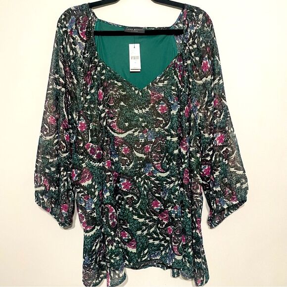 Lane Bryant Size 28 Emerald Green 3/4 Sleeve Metallic Floral Blouse - Picture 1 of 9